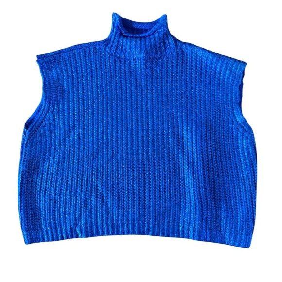 She + Sky Women's Blue Ribbed Knit Sleeveless Turtleneck Vest L foil metallic - Picture 1 of 9